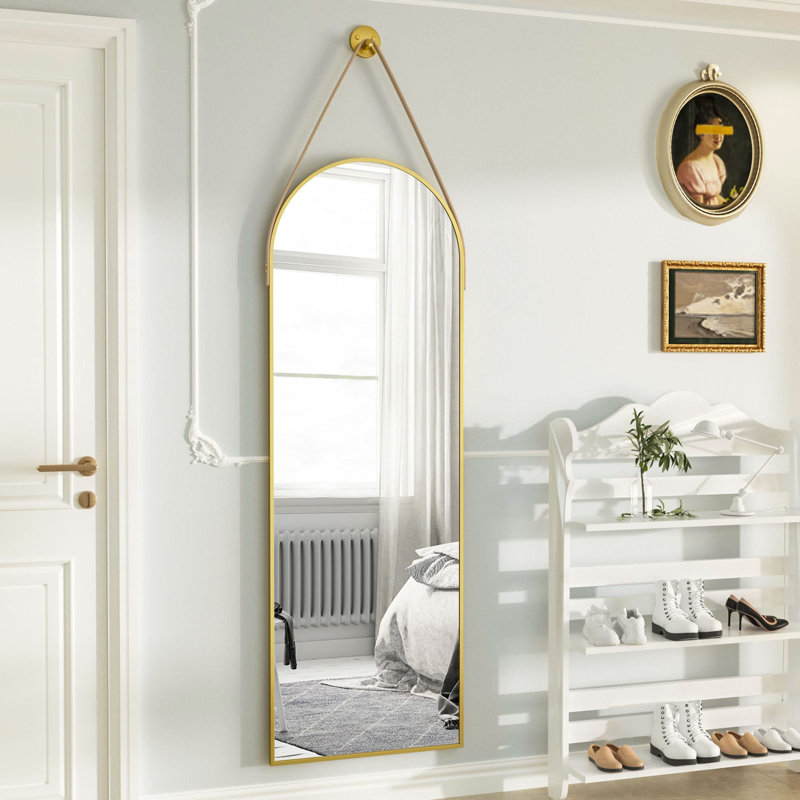 Miroir arqué avec sangle en cuir Miroir pleine longueur, Doré