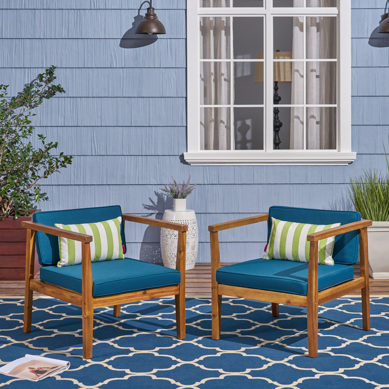 Adalhard Acacia Outdoor Lounge Chair, Teak Frame/Dark Teal Cushion