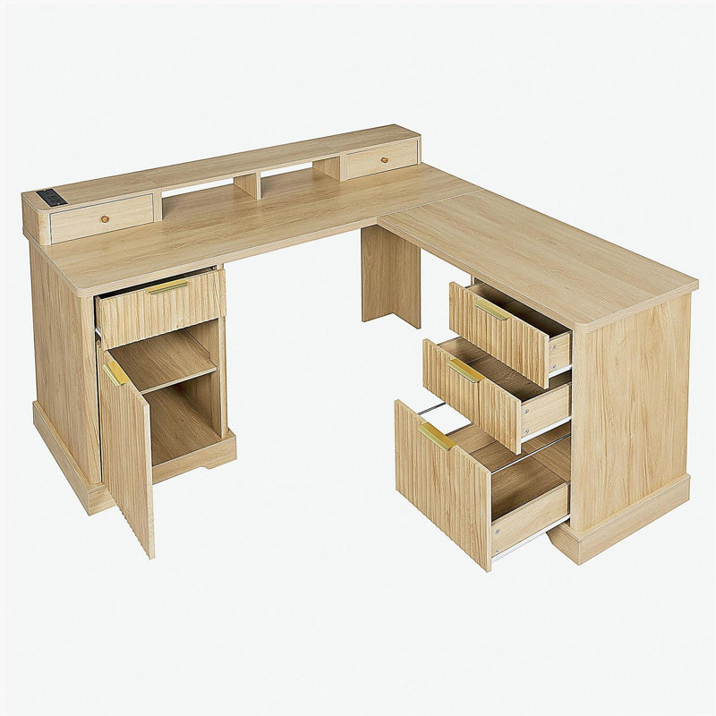 Bureau en L 59 po cannelé avec station de charge et armoire de rangement 59 po Modern, Naturel