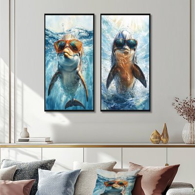 Orange Dolphin With Glasses In The Ocean I - Animals Dolphin Wall Art 2 Pieces Set