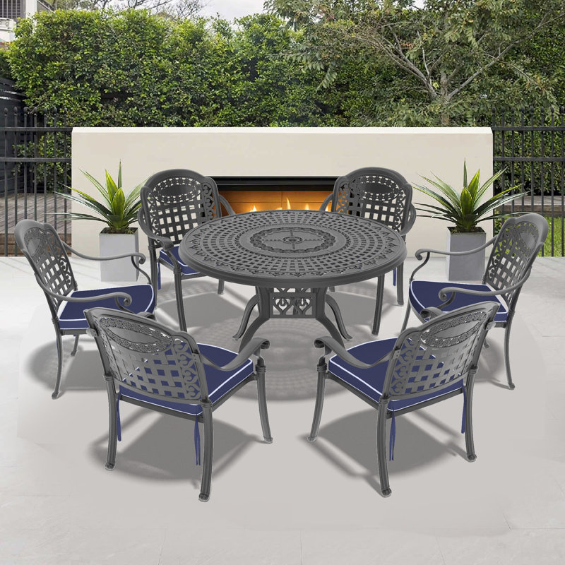 Shanese 7-Piece 47.24 -inch Round Table Cast Aluminum Outdoor Dining Set with Umbrella Hole and Blue Cushions