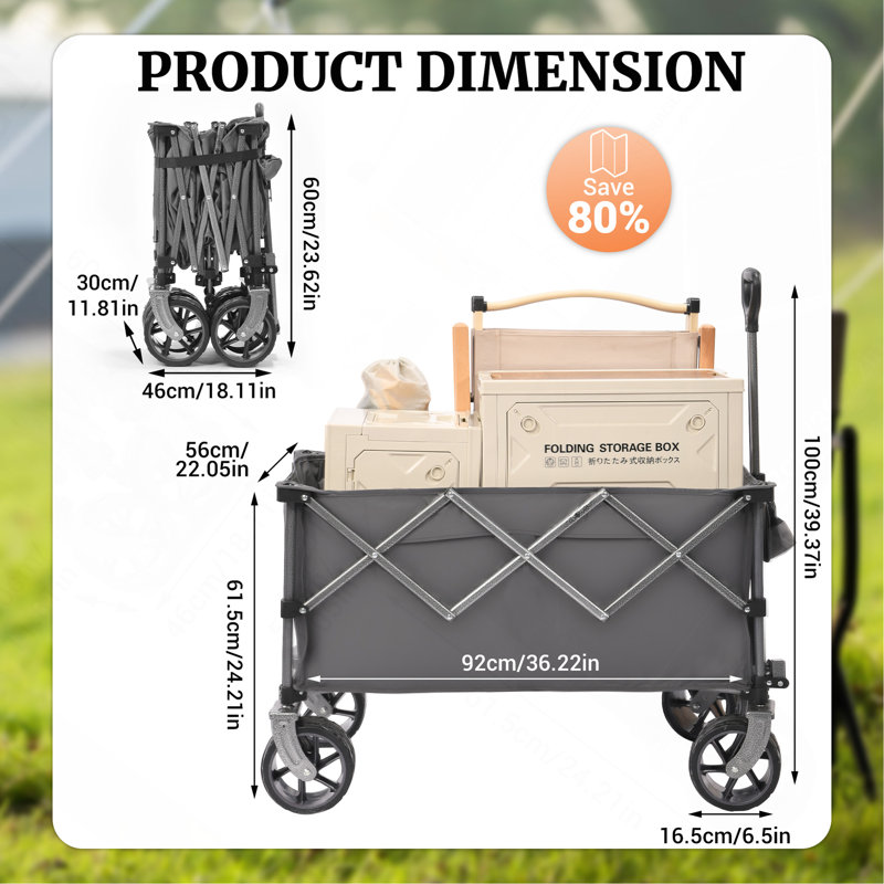 Chariot pliable grande capacité de 400 L avec grandes roues tout-terrain, chariot utilitaire pliable robuste de 204 kg (450 lb) pour le camping et la plage