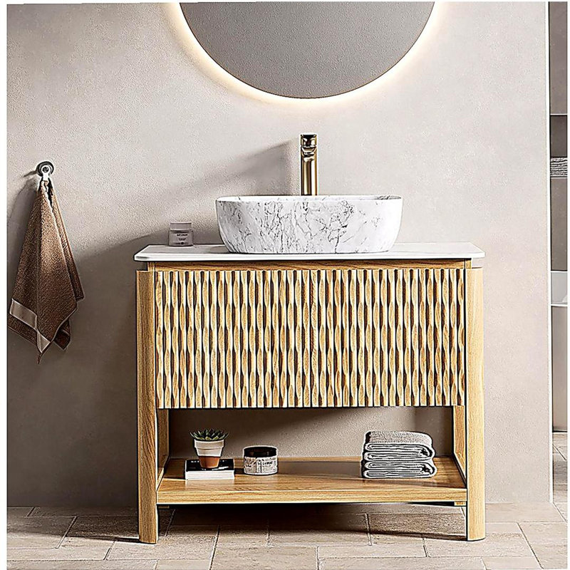 Sharma 36" Bathroom Vanity&Sink, Freestanding Plywood Bathroom Storage Cabinet with 2 Bamboo Texture Doors&Open Shelf, Marble Pattern Ceramic Basin&Carrara White Sintered Stone Top, Woodgrain