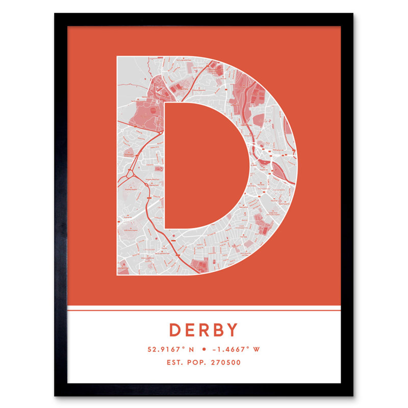 Derby City Map Derby Orange - Single Picture Frame Typography