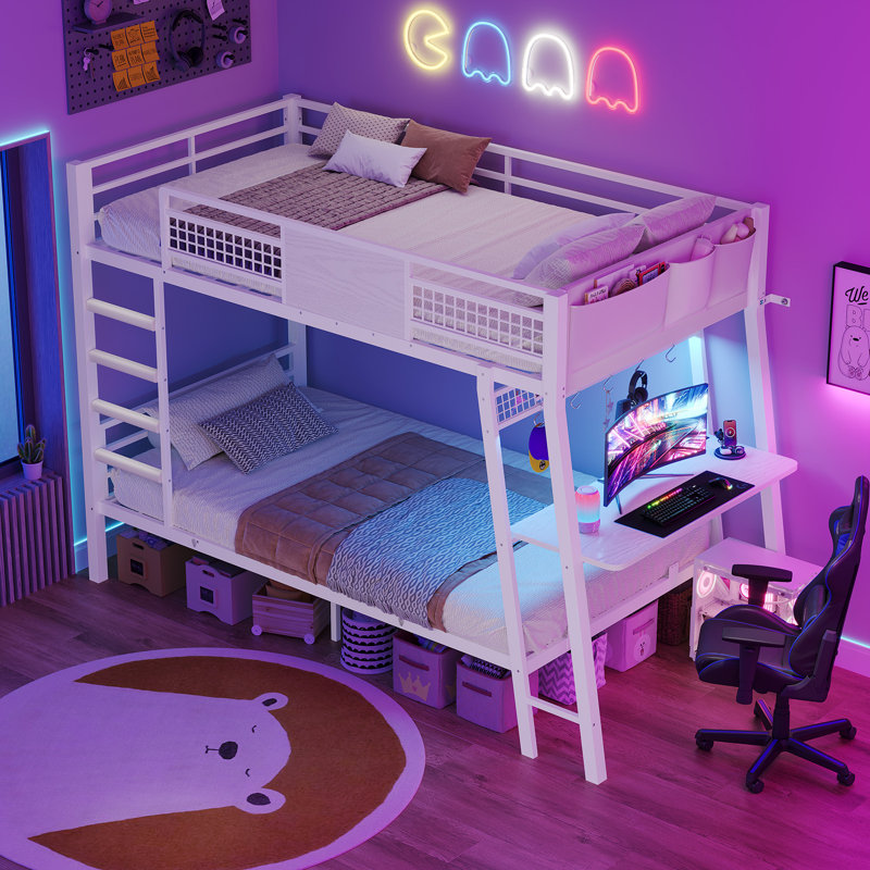 Lit simple avec bureau, lits simples superposés en métal avec prises de courant, lumières à DEL RVB, lit avec garde-corps de sécurité de 13,4 po et échelles, aucun sommier nécessaire