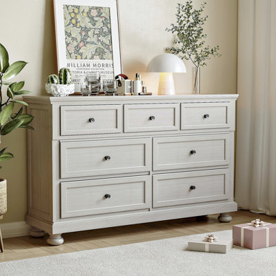  Soft Off-White 7-Drawer Vanity Dresser - Full-Assembled Mid-Century Modern Design 