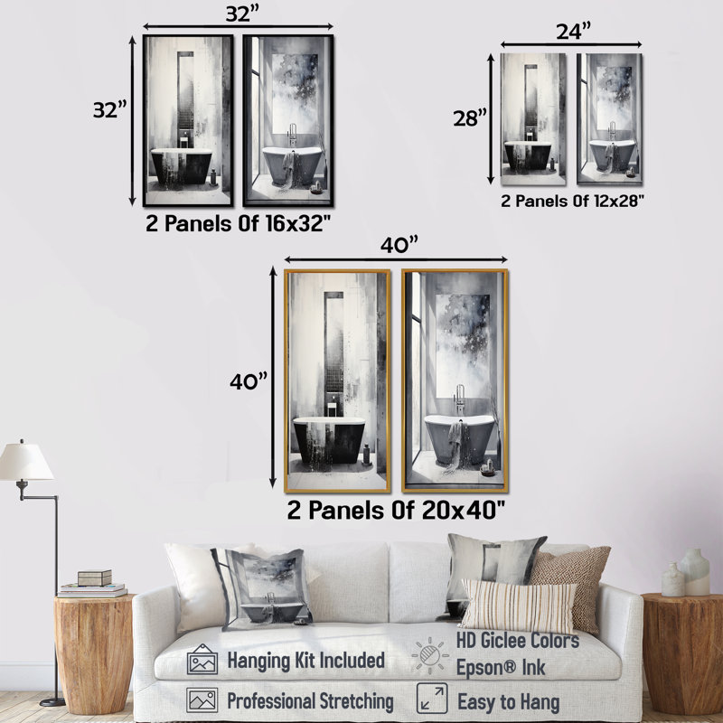 «Bathroom Minimalist Elegance I», ensemble d'art mural sur toile 2 pièces, H 32 po x l 33 po, Cadre noir