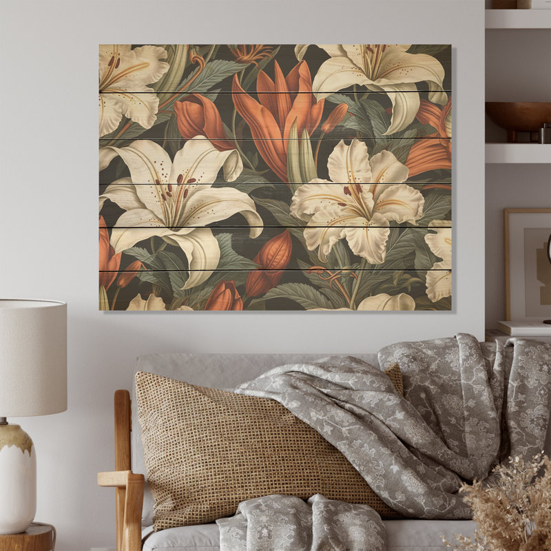 Collage de lys aux couleurs douces - art mural en bois de lys sur bois de pin naturel, H 24 po x l 32 po