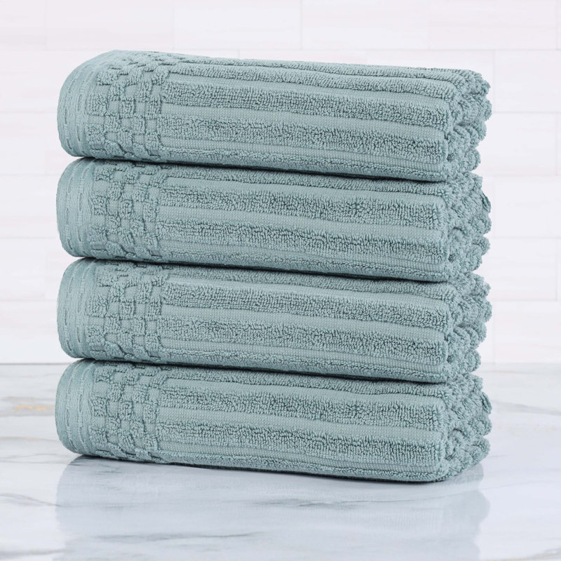 Kleiman Cotton Highly Absorbent Solid and Checkered Border Hand Towel Set, Green
