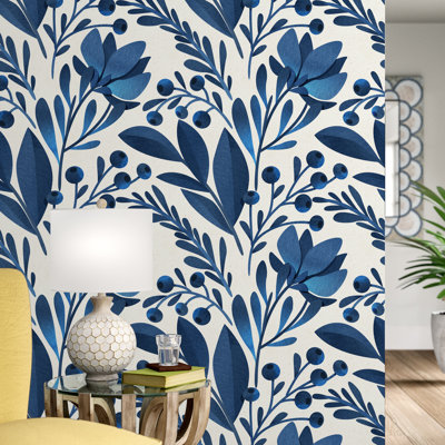 Aayat USA Made Blue Botanical Floral 120" x 25" Peel & Stick Wallpaper Roll