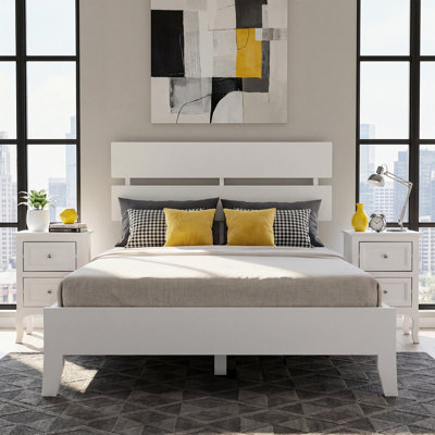 Solid Wood Platform Bed Frame , Twin Bed Frame With Headboard Included, Mid Century Modern Bed, White by George Oliver