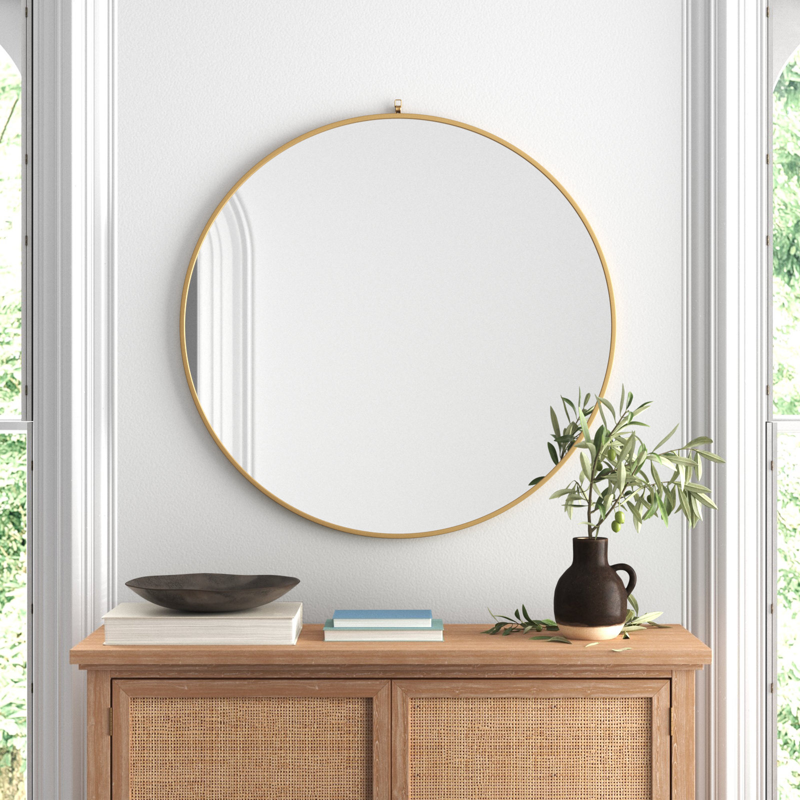 Cassie Metal/Manufactured Wood Round Wall Mirror, Brass, 45" x 45"