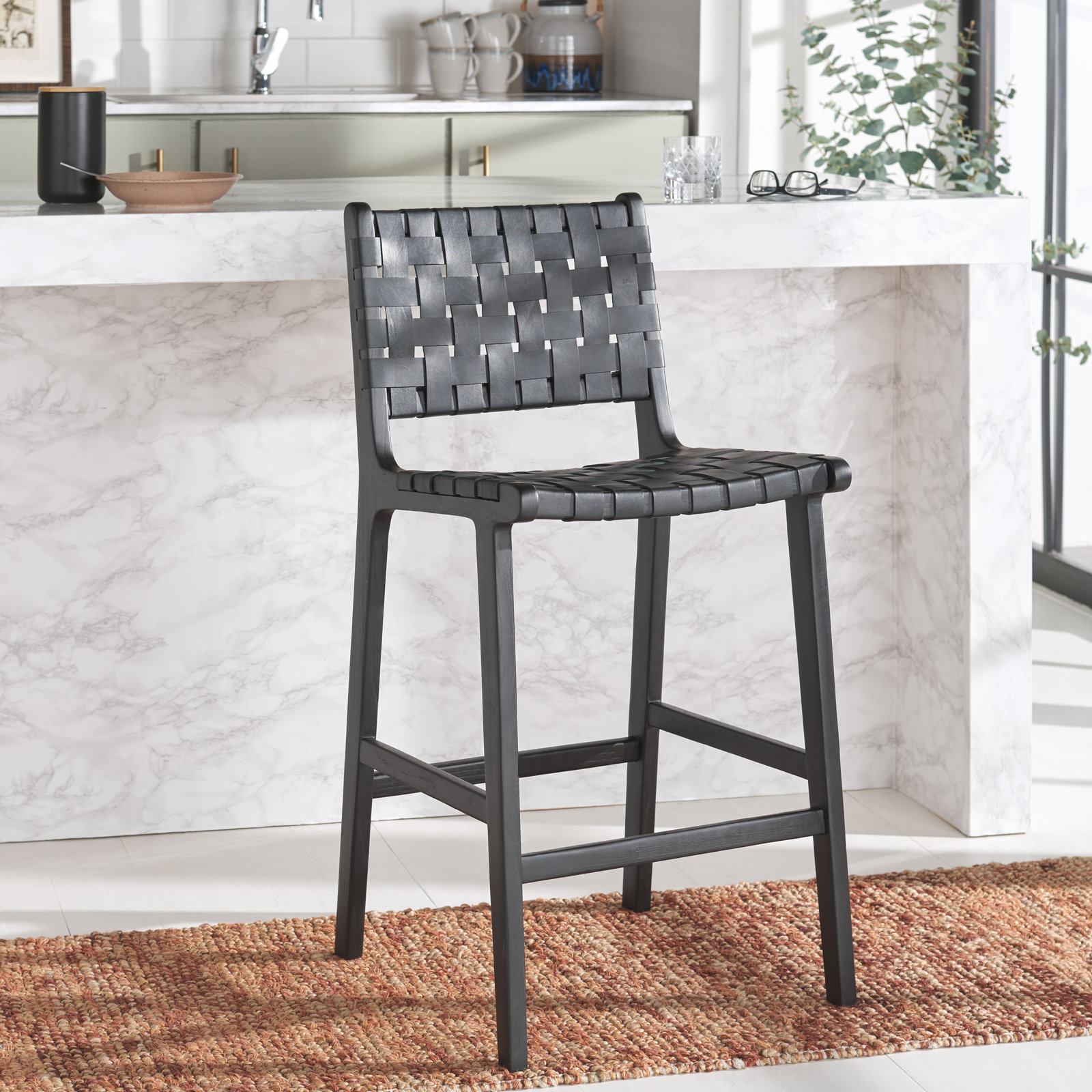 Alston Leather Bar and Counter Stool, Counter Stool (27.16" Seat Height), Black Leather/Black Frame