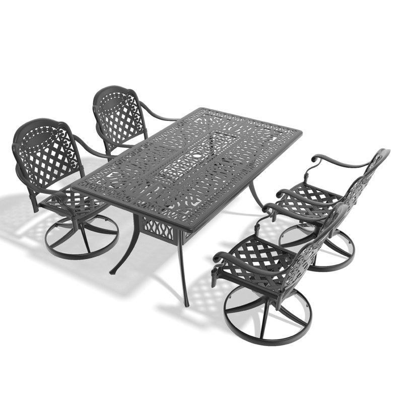5-Piece All-Weather Cast Aluminum Dining Set, Include 4 Swivel Chairs and Rectangular Table With Black Frame, 4