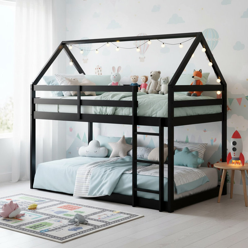 Solid Wood Twin over Twin Floor Bunk Bed with Ladder, House-Shaped Bunk Bed for Boys& Girls, Black