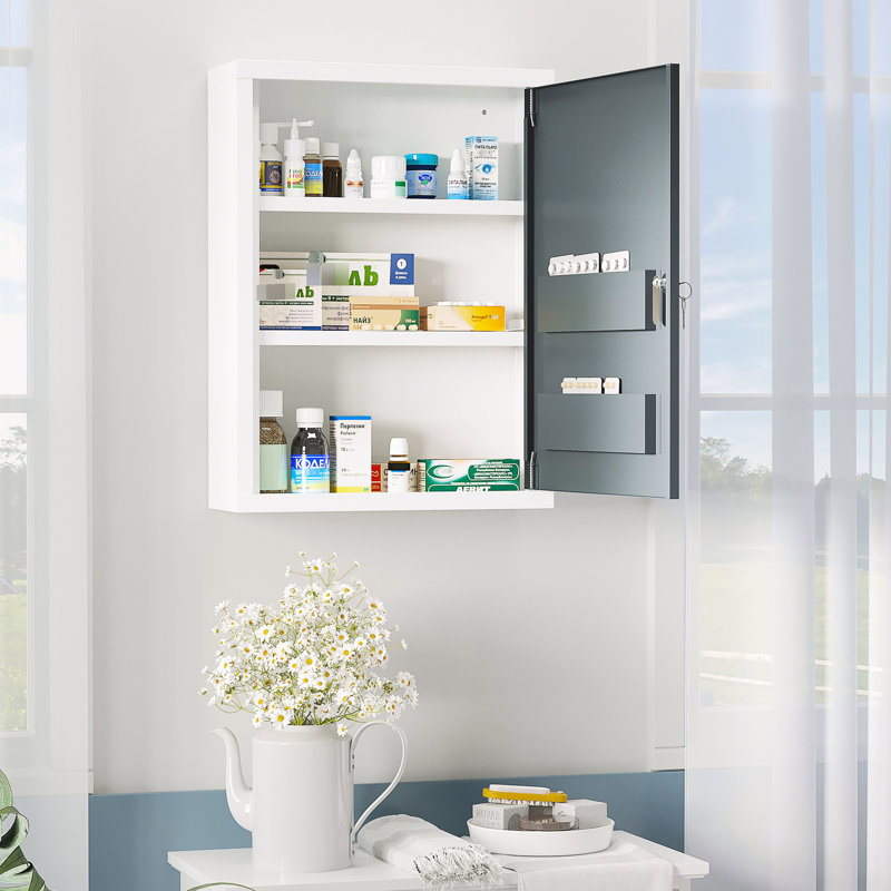 Armoire de rangement médicale pour salle de bain - verrouillable, tablettes à 3 niveaux, coffre-fort pour animaux de compagnie avec système de verrouillage, gris et blanc