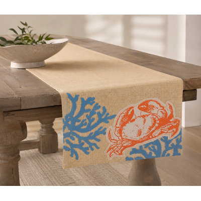 Ina Applique Crab with Print Coral Table Runner