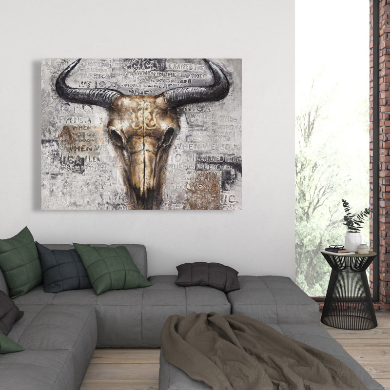 Bull Skull with Typography - Western Gray Canvas Decor
