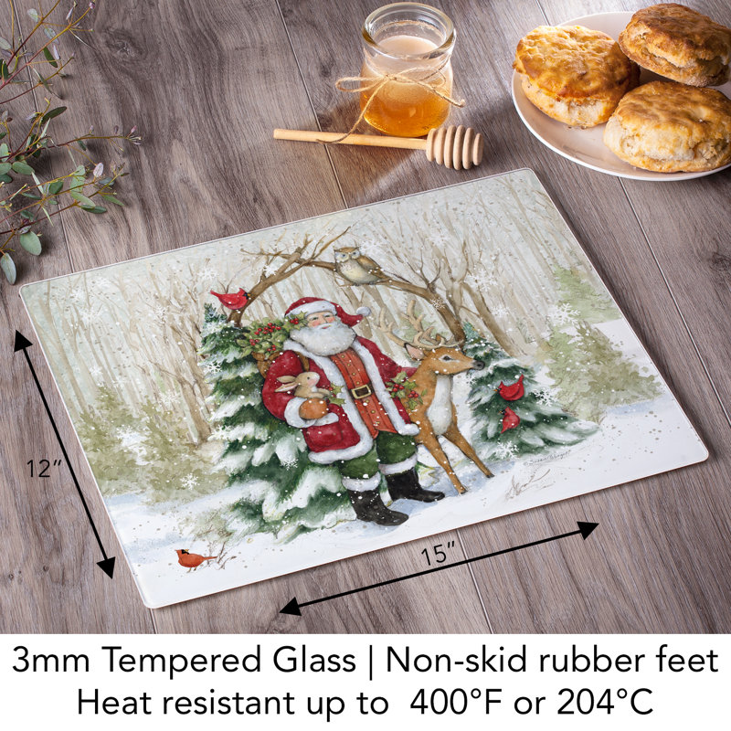 Winter Forest Santa Rectangular Tempered Glass Cutting Board