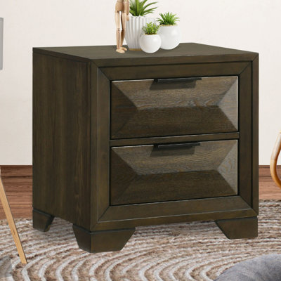 Boudin Walnut Two Drawer Nightstand with Geometric Front Design and Sleek Handles for Modern Bedroom Bedside Storage