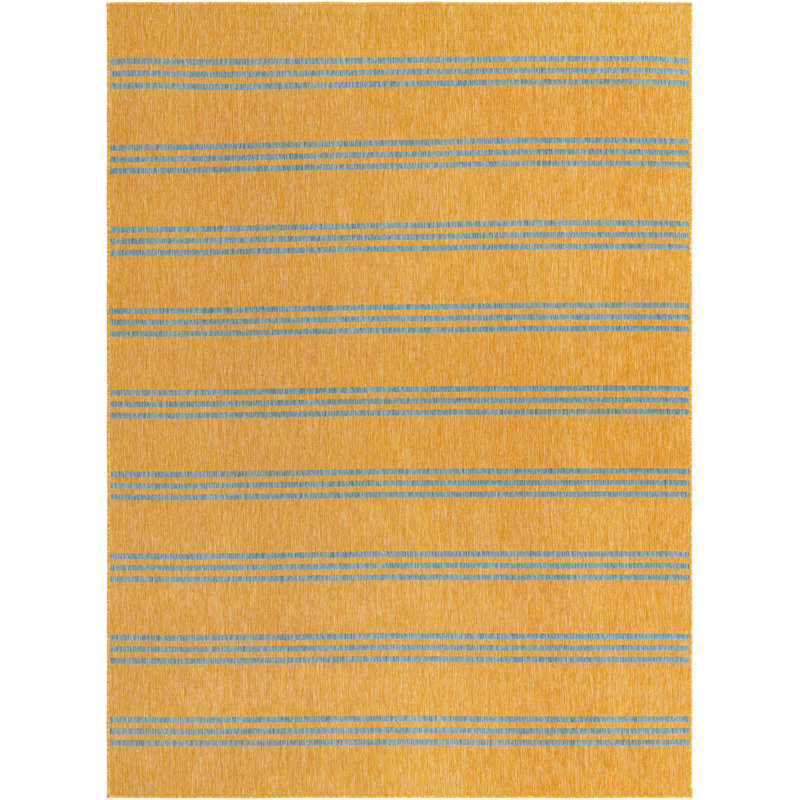 Yellow and Aqua Striped Outdoor Rectangular Rug 4' x 6'