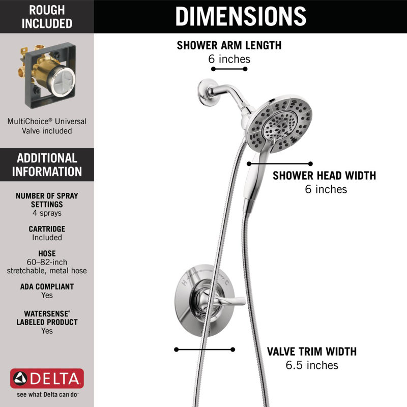 Arvo 14 Series Chrome Shower Faucet Set with In2ition 2-in-1 Dual Shower Head with HandHeld Spray Combo, Valve Trim Kit, Chrome (Valve Included)