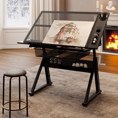 Table à dessin à manivelle réglable en verre trempé avec chaise et rangement pour bureau - Angle 70 degrés, hauteur 29,52 po et 37,8 po, rebord à crayons coulissant de 24 po, bandes métalliques dessinant dans des tiroirs noirs