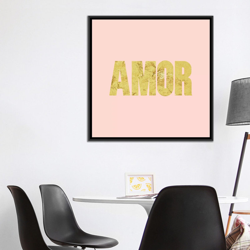 «Amor», art textuel sur toile en rose, Toile encadrée noire, Pas de tapis, H 37 po x l 37 po x P 1,5 po