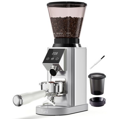 Tuni G1 Conical Burr Coffee Grinder, 48 Grind Settings Anti-static Burr Mill, Precision Electronic Timer and LED Touchscreen for Espresso/Drip/Cold Brew/French Press, Stainless Steel, Silver