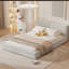Grand lit plateforme tapissier en velours avec structure solide, beige, mobilier de chambre confortable et élégant-1007920048