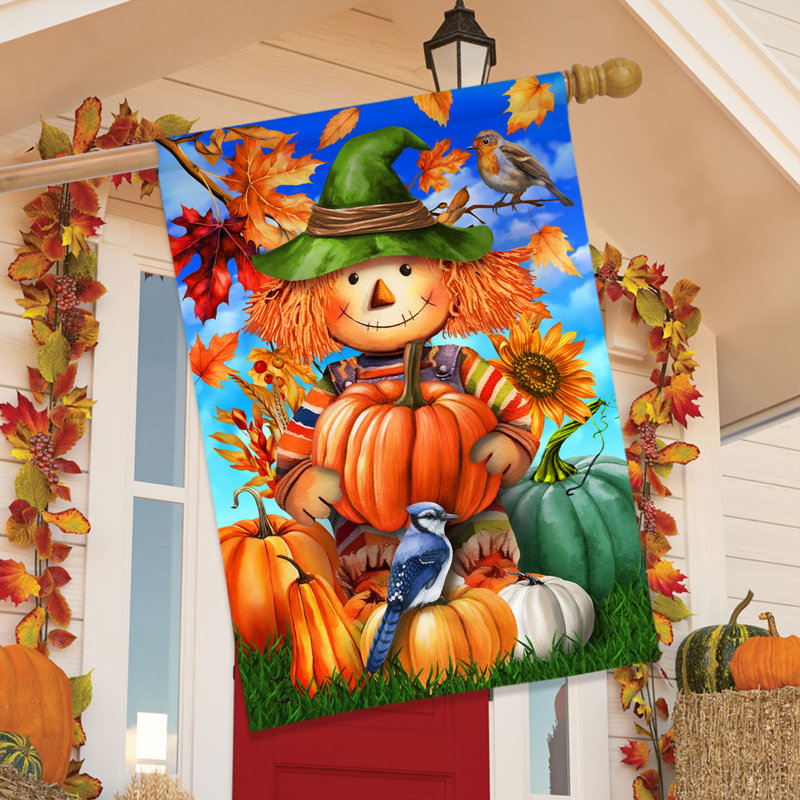 Smiling Scarecrow House Flag, Orange/Blue Halloween