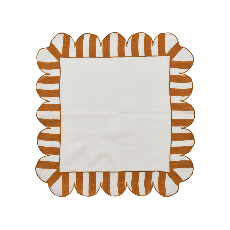 Jardin Embroidered Linen Scalloped Stripe Napkins, White/Amber