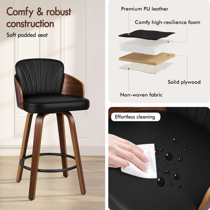 Swivel Upholstered Counter Stool with Metal Frame, Black/Dark Brown