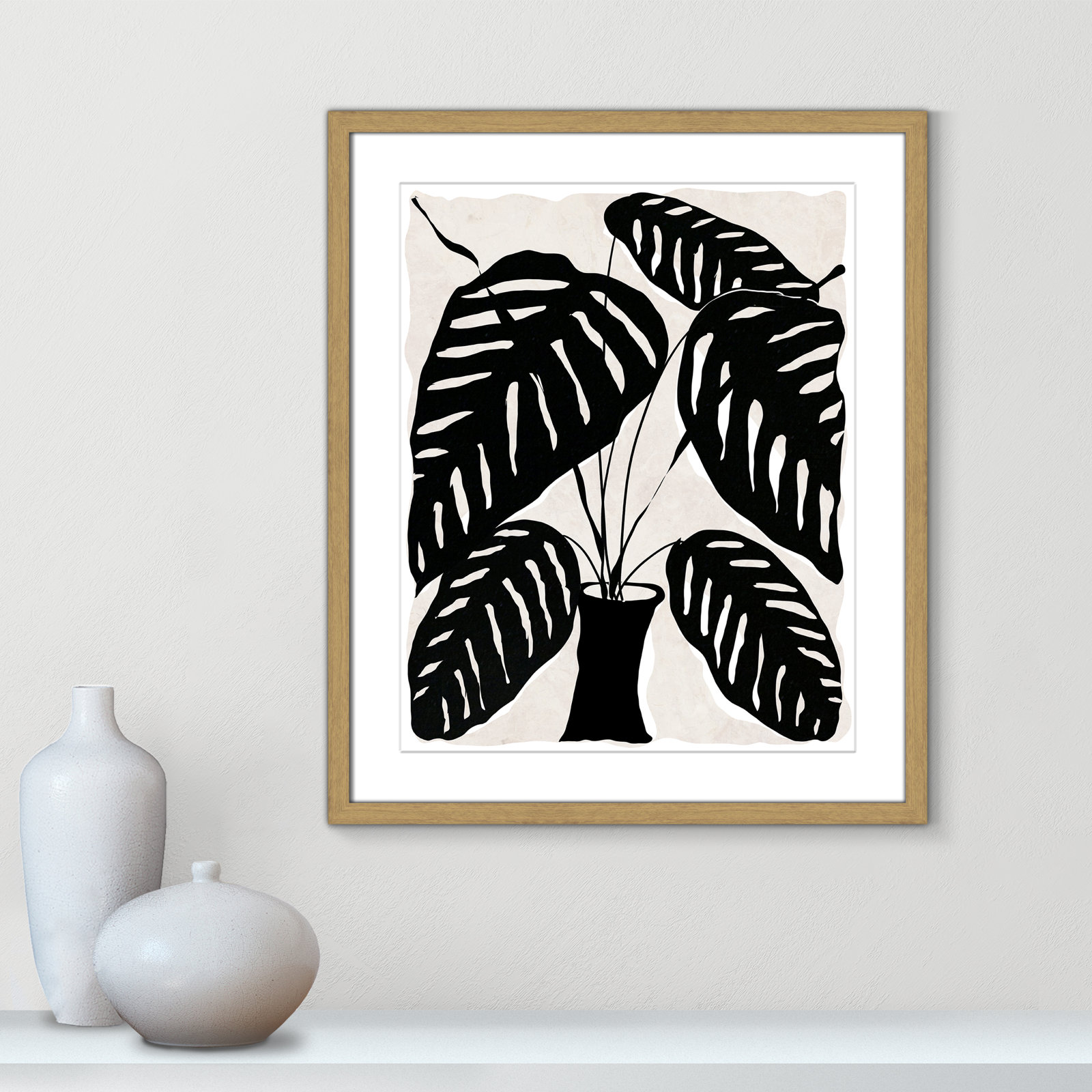 Black and White Potted Plant I Print, 25.5" H x 21.5" W x 0.75" D, Natural Framed