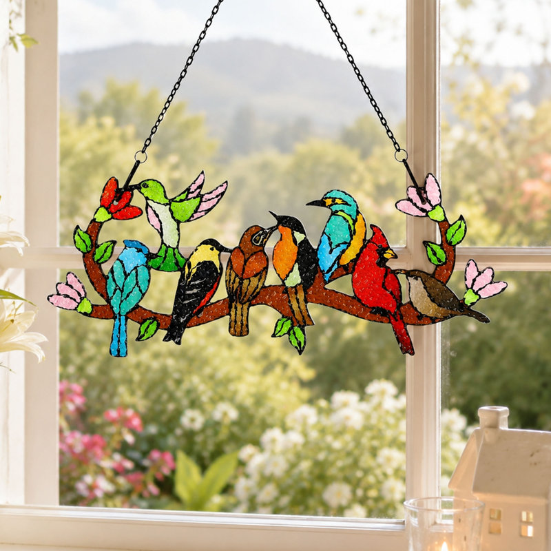 Panneau de vitrail oiseaux sur une branche, décor de fenêtre à double face
