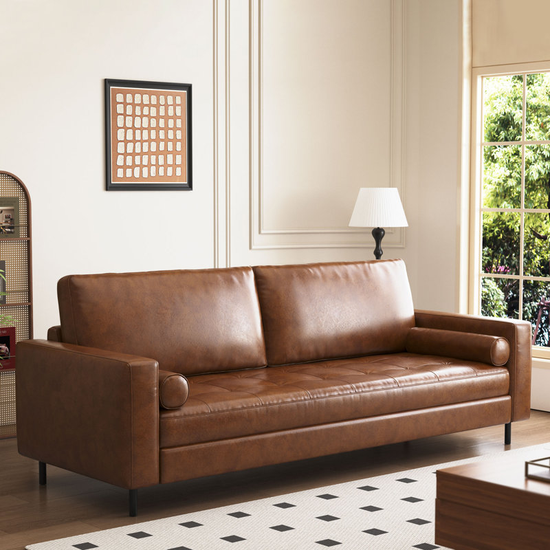 Siège de canapé en cuir véritable 80,3 po avec pieds en métal, canapé moderne 3 places