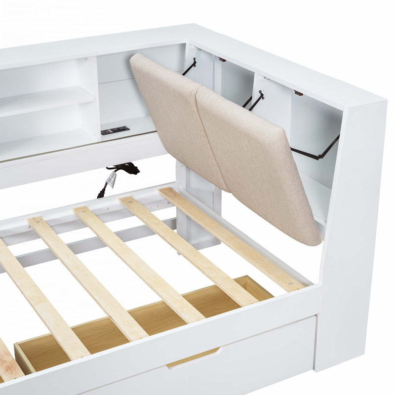Lit de jour en L avec tiroirs d'angle sous le lit avec ports de chargement USB, Lit simple, Blanc