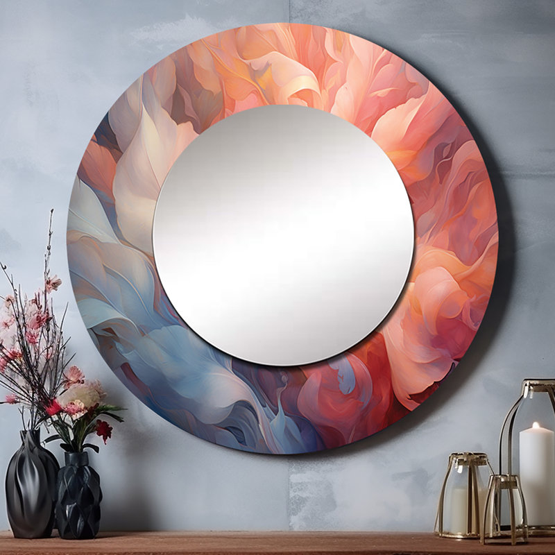 Peach Blue Rose Reverie I - Floral Round Mirror Wall Decor, 29" x 29"