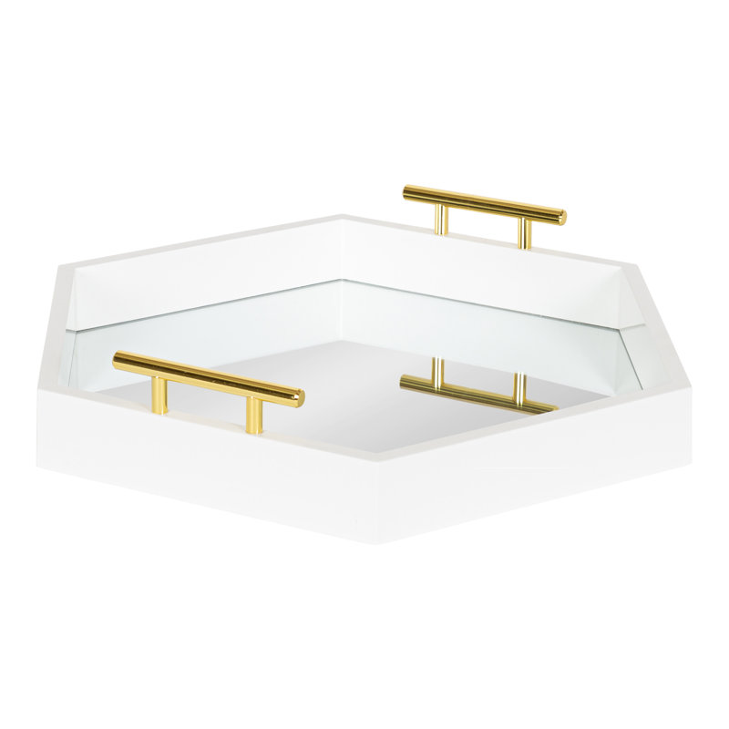 Norvan Hexagon Decorative Tray with Metal Handles, White/Gold