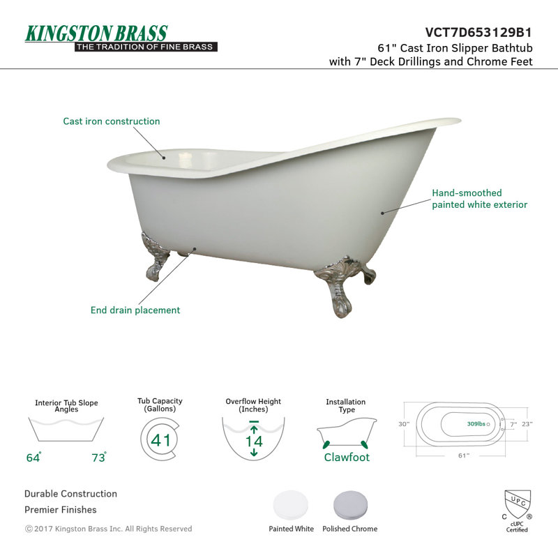 Baignoire sur pattes ovale en fonte 61 po Kingston Eden, Chrome poli