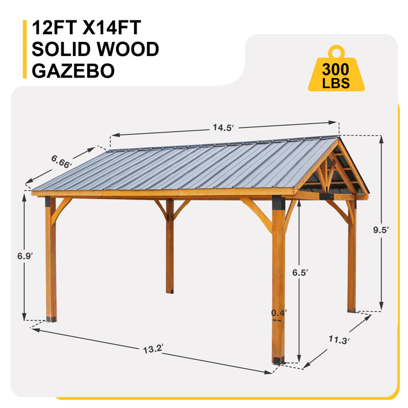 14,5 pi L 11 pi. D Pavillon de jardin en bois massif, Brun