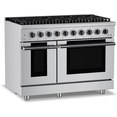 Cuisinière au gaz 48 po Hauslane en acier inoxydable noir | 8 brûleurs jusqu'à 20 000 Btus | Four à convection double de 6,7 pieds cubes avec 5 positions de cuisson | N / L convertible | Porte triple couche Cool-Touch