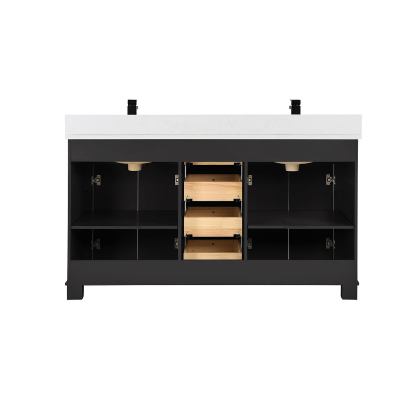 60" Solid Wood Sink Vanity With 1" Artificial Stone Top, Tricorn Black, Rose Gold
