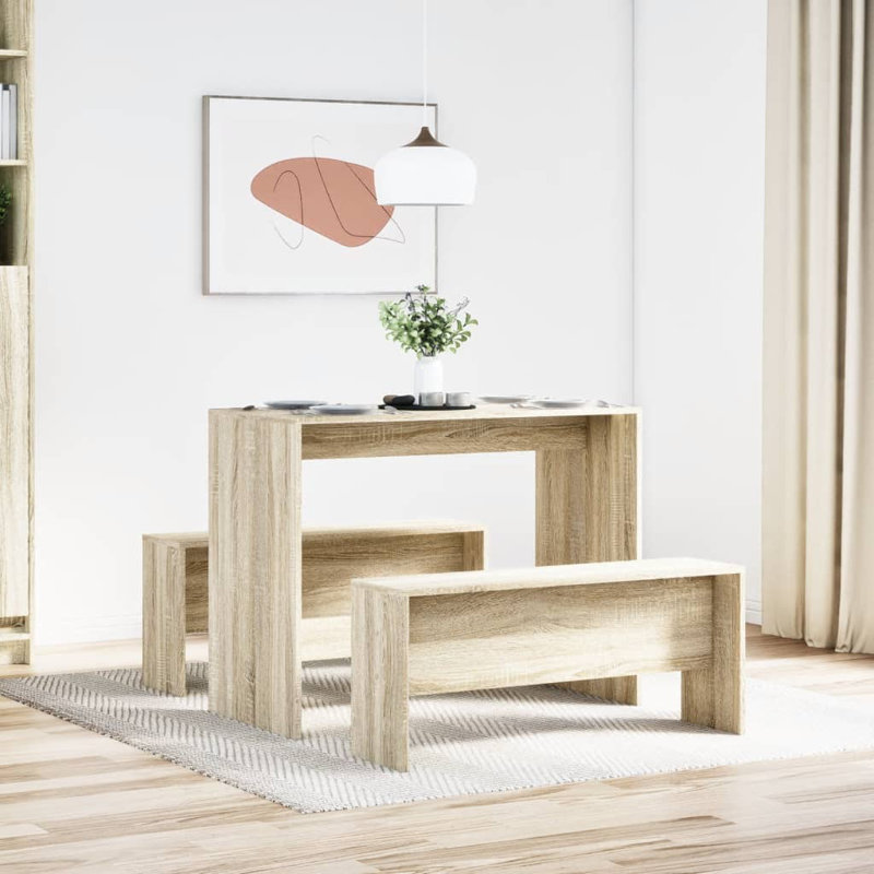 3 Piece Dining Table And Bench Set Engineered Wood, Sonoma Oak