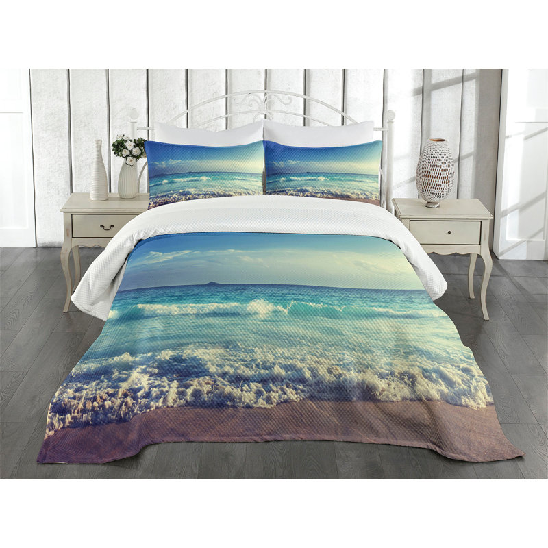 Ambesonne Tropical Bedspread Beach Sunset, King Bedspread + 2 Standard Shams