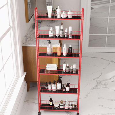 Étagère de rangement rouge à 6 niveaux avec roulettes, 6 paniers, cuisine et salle de bain