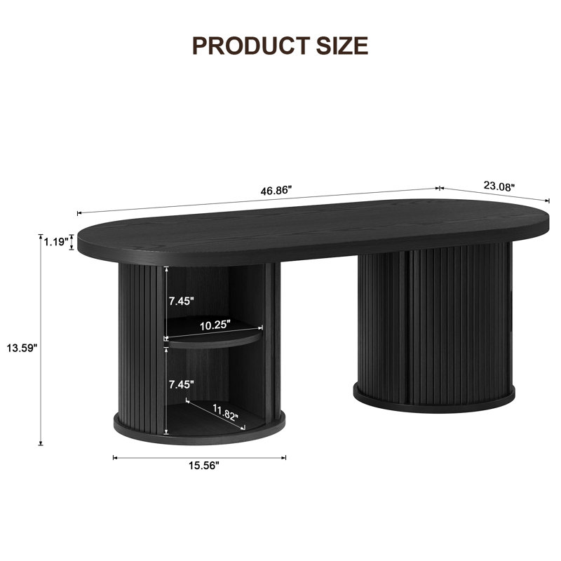47'' W Oval Coffee Table With Storage, Mid-Century Modern Fluted Center Table With Round Base, Black