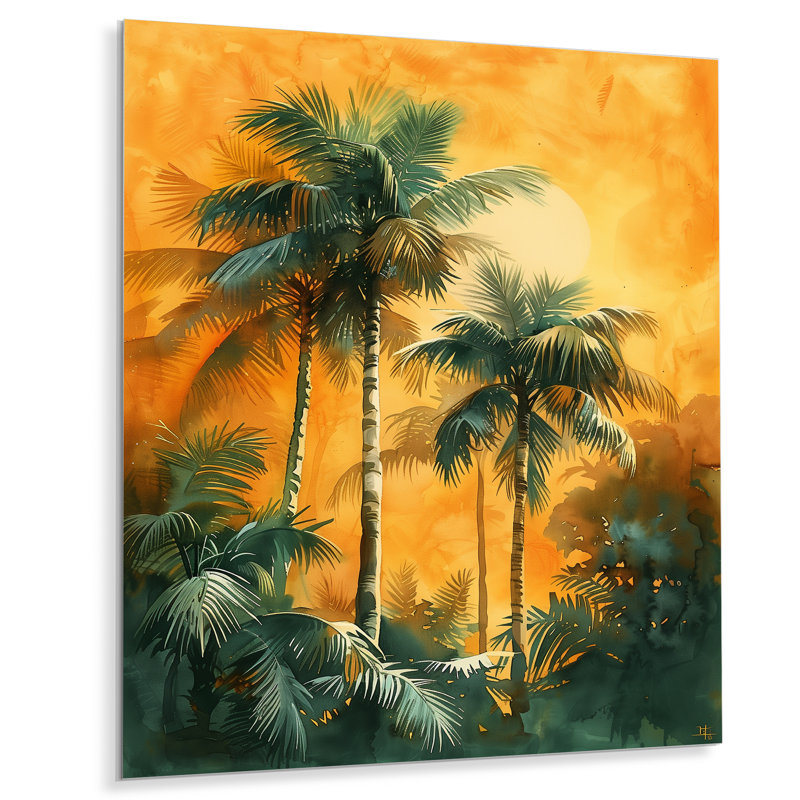 «Green Orange Palm Trees Swaying II - Palms & Palm Trees», reproduction d'art mural, Sans cadre, métal, H 24 po x l 32 po