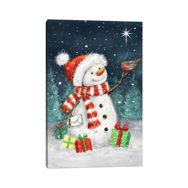 «Snowman with Presents III B» par Makiko - peinture sur toile tendue, H 12 po x l 8 po x P 0,75 po