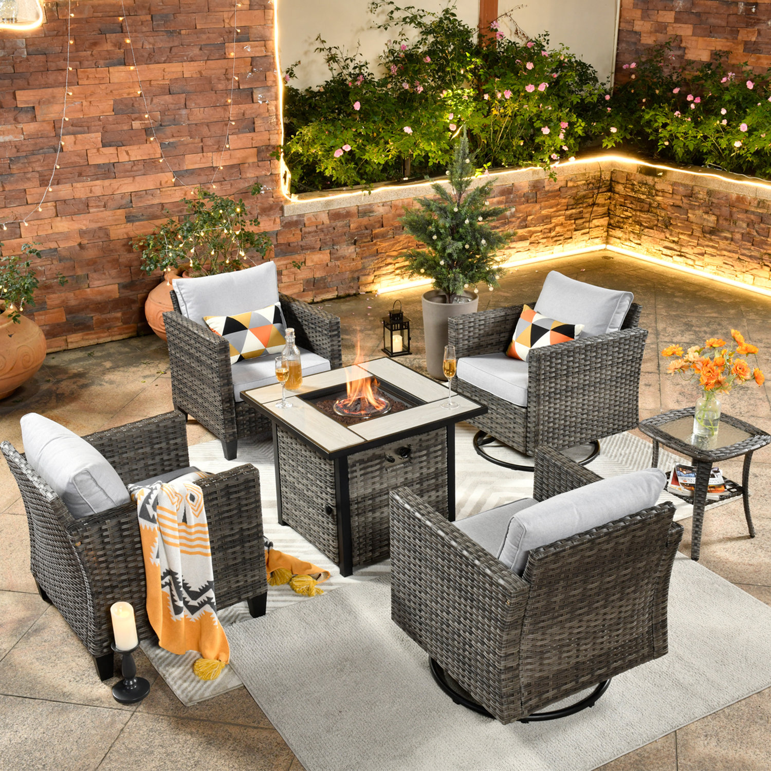 Lovall Rattan Wicker 7 - Person Seating Group with Fire Pit and Cushions Ebern Designs Cushion Color: Black